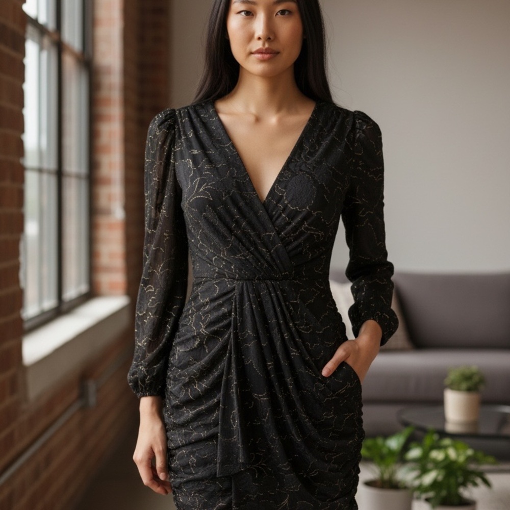 A Peach Elegant Black Long-Sleeve Wrap Dress with Gold Metallic Detailing